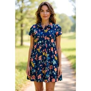 Arizona Jean Co. Floral Shirt Dress Navy Blue Short‎ Sleeve Summer